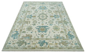 Ivory, Beige and Teal Hand Knotted Antique 9x13 Traditional Oushak Wool Rug