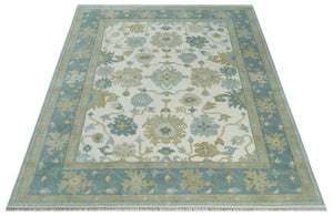 Ivory, Blue and Beige Floral Oushak Hand Knotted Traditional Turkish Inspired Custom Made Wool Area Rug