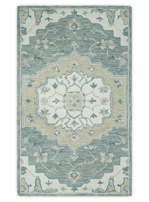 Ivory, Camel and Blue Hand Tufted Traditional Design Wool Area Rug