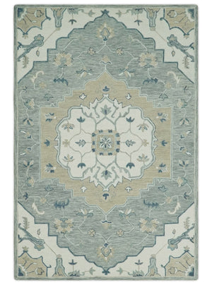 Ivory, Camel and Blue Hand Tufted Traditional Design Wool Area Rug