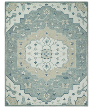 Ivory, Camel and Blue Hand Tufted Traditional Design Wool Area Rug