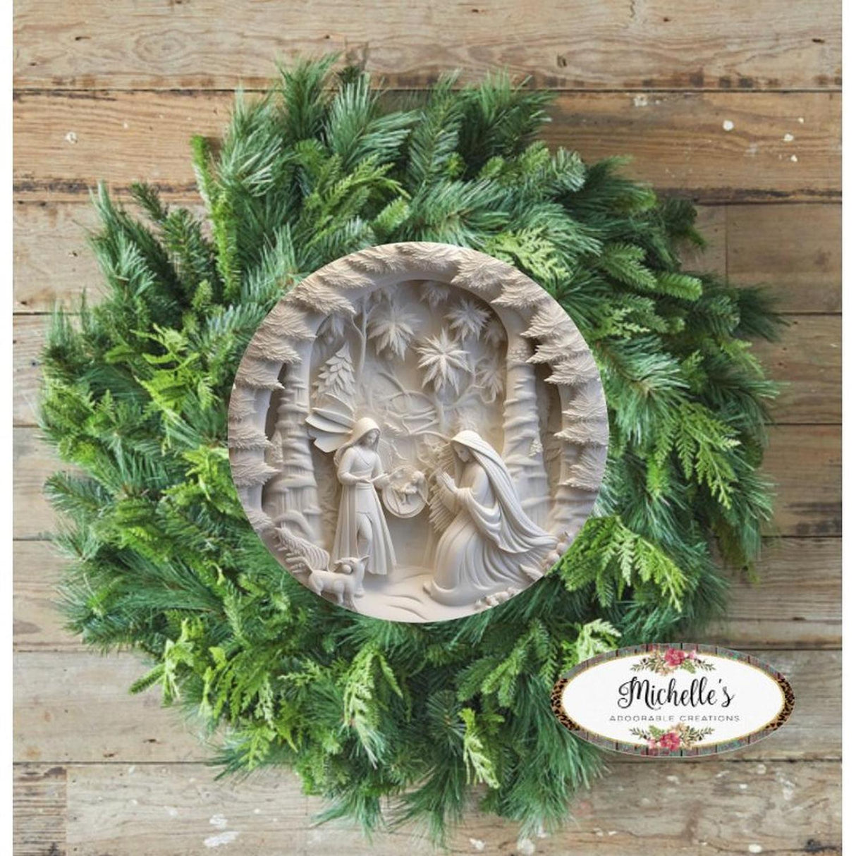 Ivory Carving Christmas Nativity 3D Round Sign - Wreath Enhancement