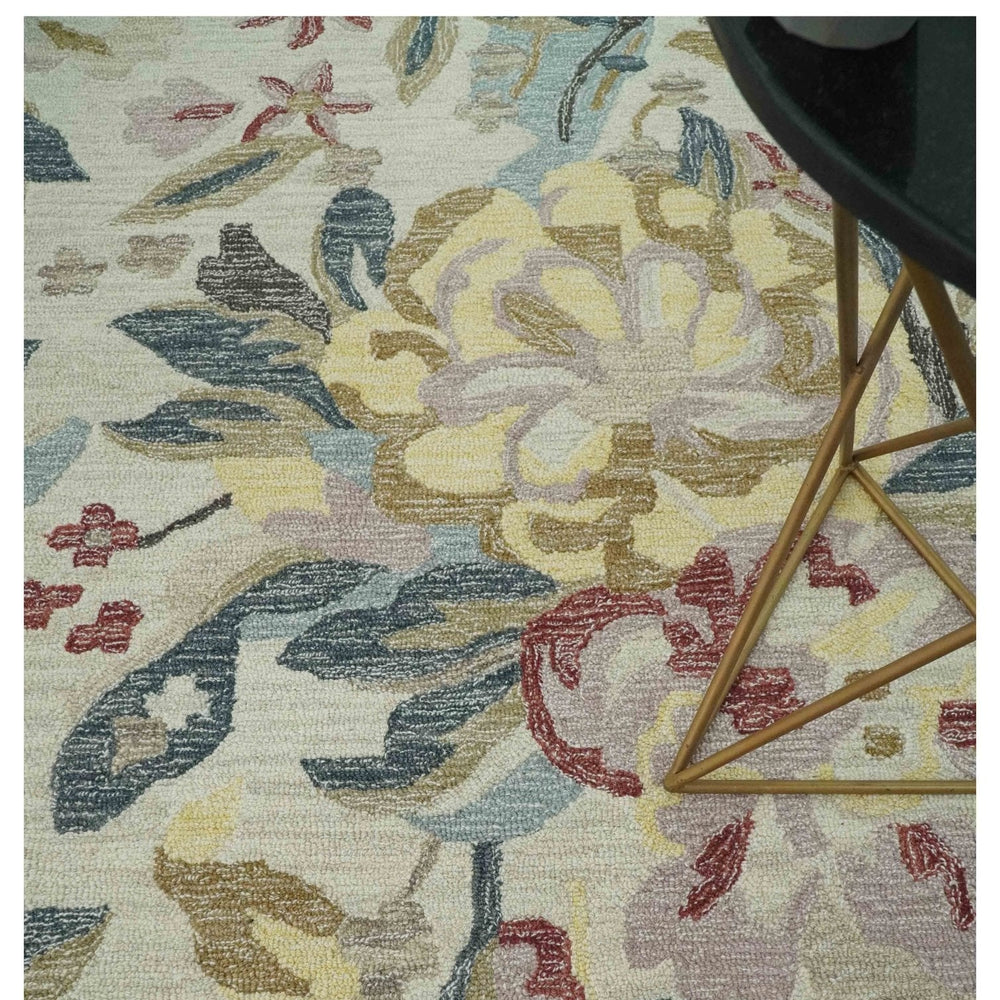Ivory, Charcoal and Olive Floral Design 8x10 Colorful Hand Tufted wool rug