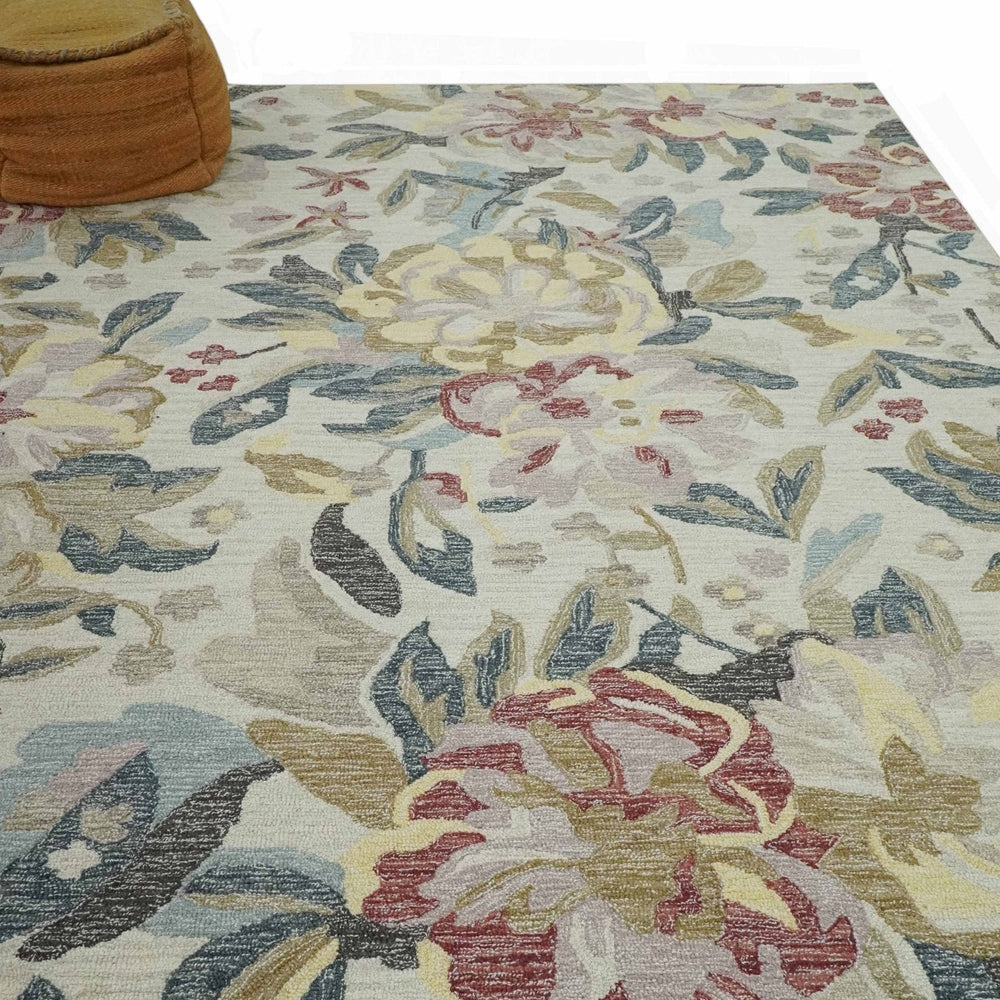Ivory, Charcoal and Olive Floral Design 8x10 Colorful Hand Tufted wool rug