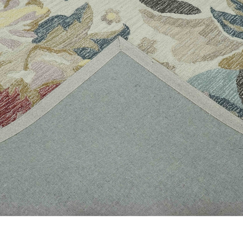 Ivory, Charcoal and Olive Floral Design 8x10 Colorful Hand Tufted wool rug