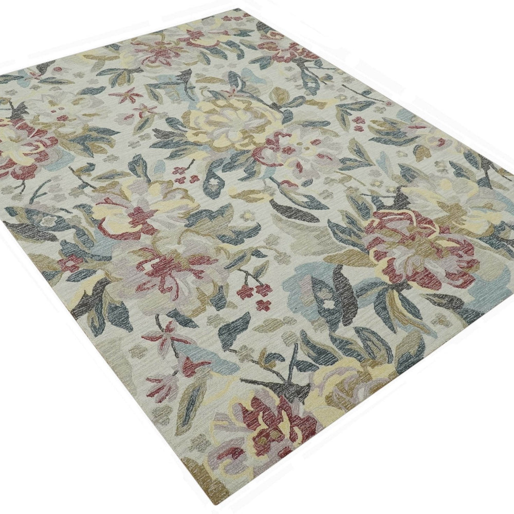 Ivory, Charcoal and Olive Floral Design 8x10 Colorful Hand Tufted wool rug