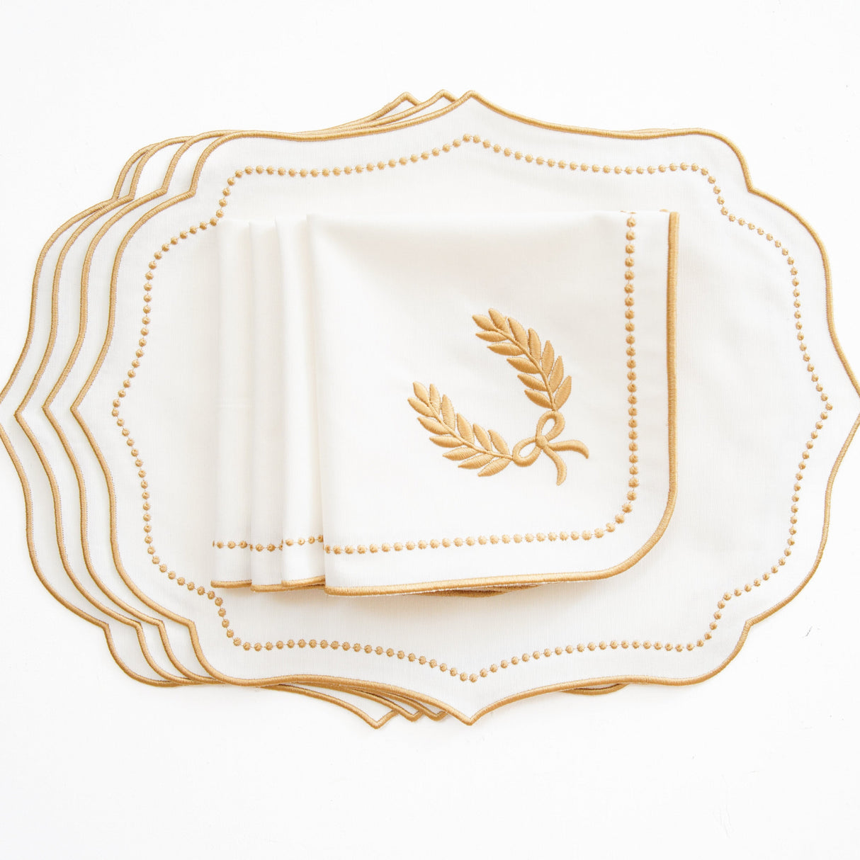 LUNA IVORY GOLD TRIM FABRIC PLACEMAT NAPKIN SET