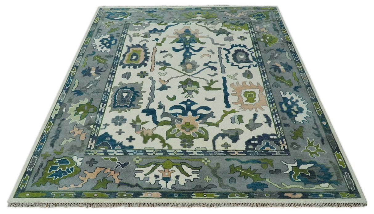 Ivory, Gray, Teal and Green Hand knotted Traditional Oushak 9x12 Wool Area Rug