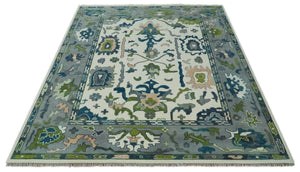 Ivory, Gray, Teal and Green Hand knotted Traditional Oushak 9x12 Wool Area Rug