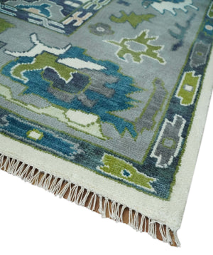 Ivory, Gray, Teal and Green Hand knotted Traditional Oushak 9x12 Wool Area Rug