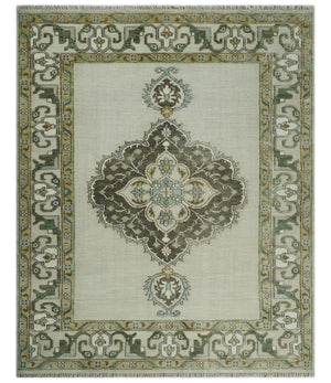 Ivory, Green and Beige Traditional Medallion Hand knotted Multi Size wool Area Rug