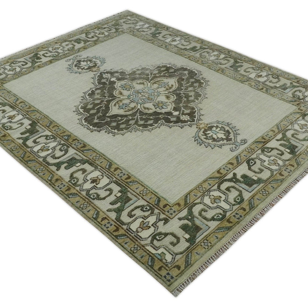 Ivory, Green and Beige Traditional Medallion Hand knotted Multi Size wool Area Rug