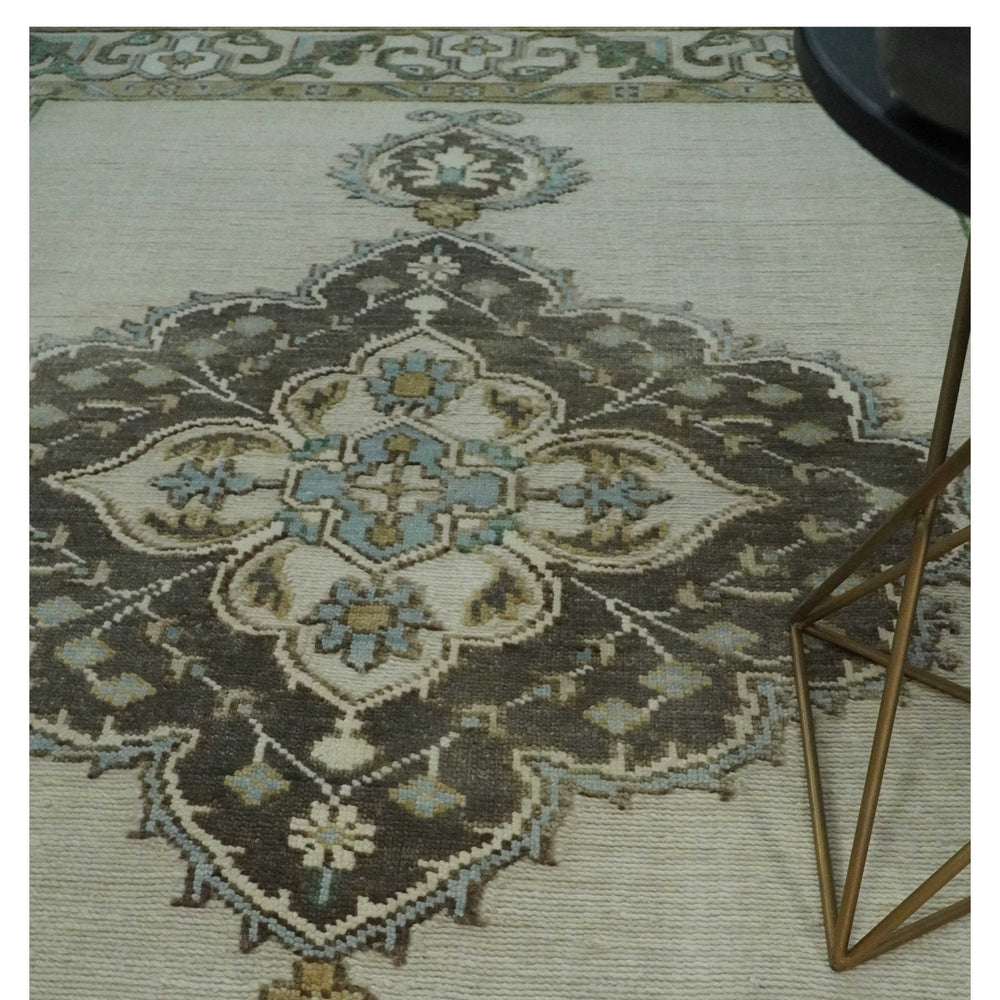 Ivory, Green and Beige Traditional Medallion Hand knotted Multi Size wool Area Rug