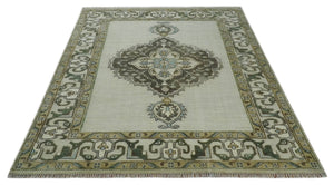 Ivory, Green and Beige Traditional Medallion Hand knotted Multi Size wool Area Rug