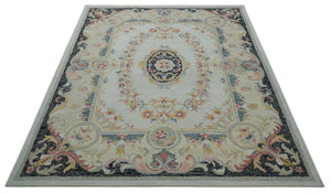 Ivory, Light Green and Charcoal Aubusson design Hand Tufted 8x10 wool Area Rug