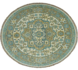 Ivory, Olive and Teal Hand Knotted Traditional Heriz Custom Made wool area rug