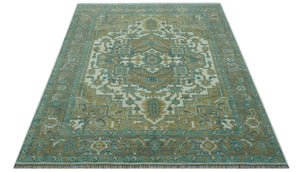 Ivory, Olive and Teal Hand Knotted Traditional Heriz Custom Made wool area rug