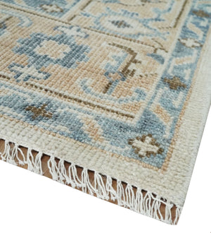 Ivory, Peach and Gray Hand knotted 8x10 Traditional Ikat Design Oushak wool Area Rug