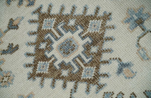 Ivory, Peach and Gray Hand knotted 8x10 Traditional Ikat Design Oushak wool Area Rug