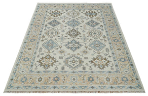 Ivory, Peach and Gray Hand knotted 8x10 Traditional Ikat Design Oushak wool Area Rug