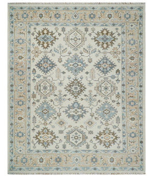 Ivory, Peach and Gray Hand knotted 8x10 Traditional Ikat Design Oushak wool Area Rug