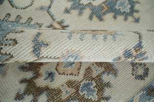 Ivory, Peach and Gray Hand knotted 8x10 Traditional Ikat Design Oushak wool Area Rug
