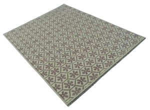 Ivory, Purple and Gray Hand Knotted Geometrical Floral 8x10 wool Area Rug