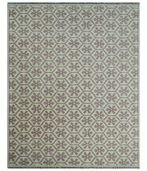 Ivory, Purple and Gray Hand Knotted Geometrical Floral 8x10 wool Area Rug