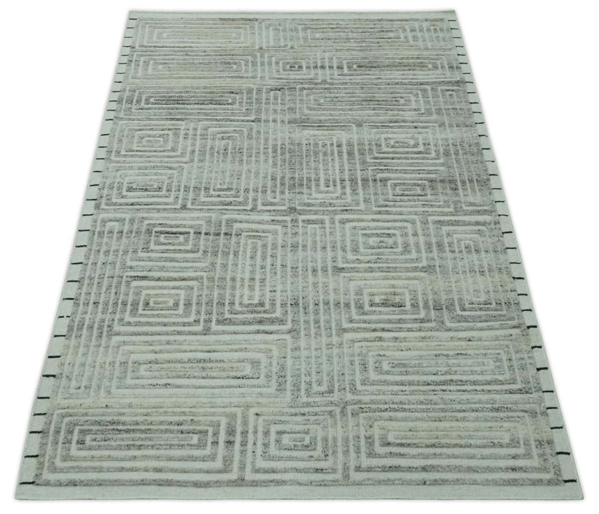Ivory, Silver and Charcoal Modern Geometrical Puzzle Design hand knotted 5x8 wool Area Rug