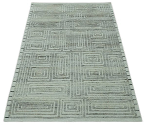 Ivory, Silver and Charcoal Modern Geometrical Puzzle Design hand knotted 5x8 wool Area Rug