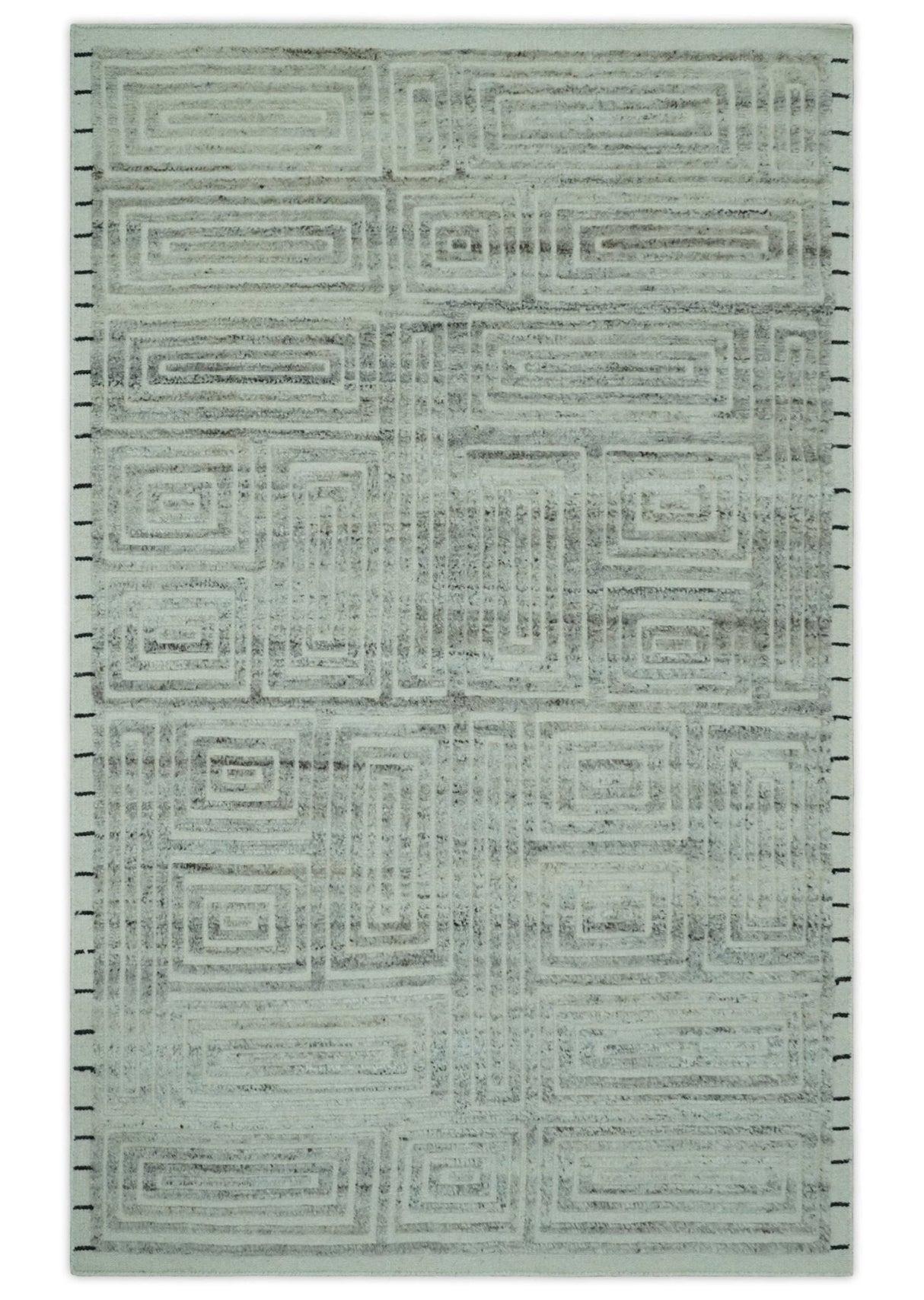 Ivory, Silver and Charcoal Modern Geometrical Puzzle Design hand knotted 5x8 wool Area Rug