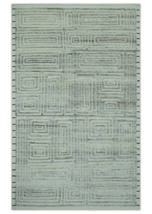 Ivory, Silver and Charcoal Modern Geometrical Puzzle Design hand knotted 5x8 wool Area Rug