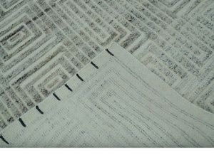 Ivory, Silver and Charcoal Modern Geometrical Puzzle Design hand knotted 5x8 wool Area Rug