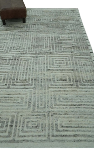 Ivory, Silver and Charcoal Modern Geometrical Puzzle Design hand knotted 5x8 wool Area Rug