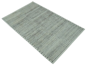Ivory, Silver and Charcoal Modern Geometrical Puzzle Design hand knotted 5x8 wool Area Rug
