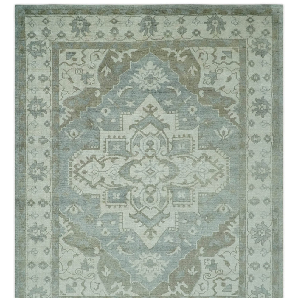 Ivory, Silver and Olive Traditional Heriz Medallion Hand Knotted Multi Size wool Area Rug