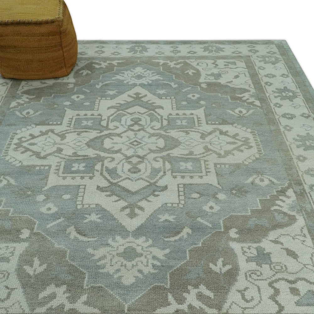 Ivory, Silver and Olive Traditional Heriz Medallion Hand Knotted Multi Size wool Area Rug