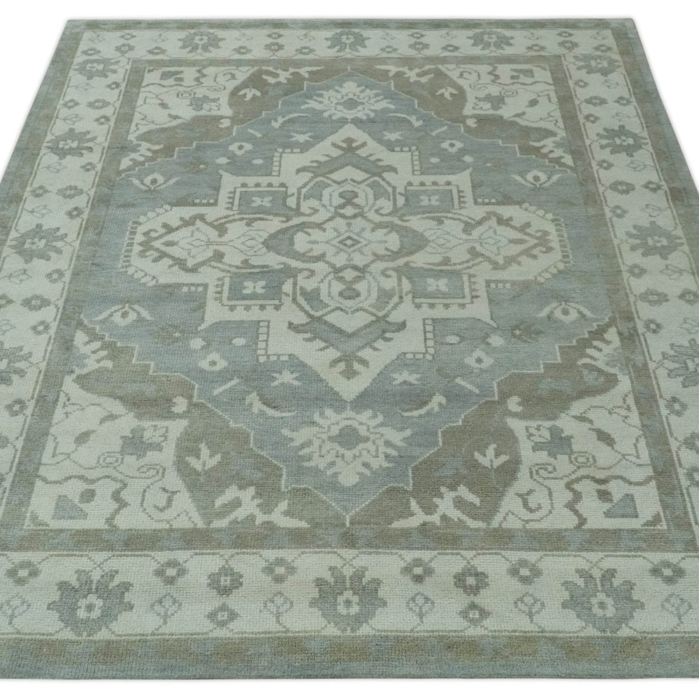 Ivory, Silver and Olive Traditional Heriz Medallion Hand Knotted Multi Size wool Area Rug