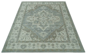Ivory, Silver and Olive Traditional Heriz Medallion Hand Knotted Multi Size wool Area Rug