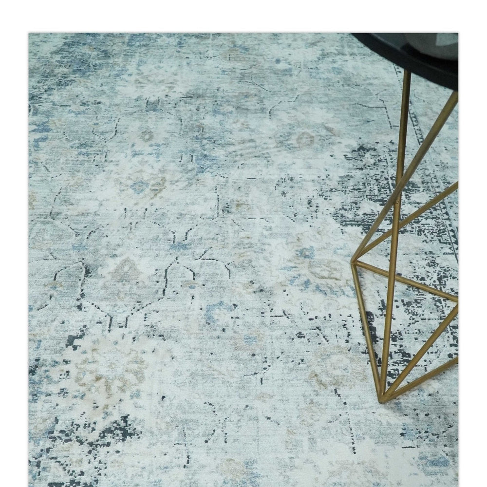 Ivory And Blue Vintage Design Modern Abstract Art Silk Area Rug