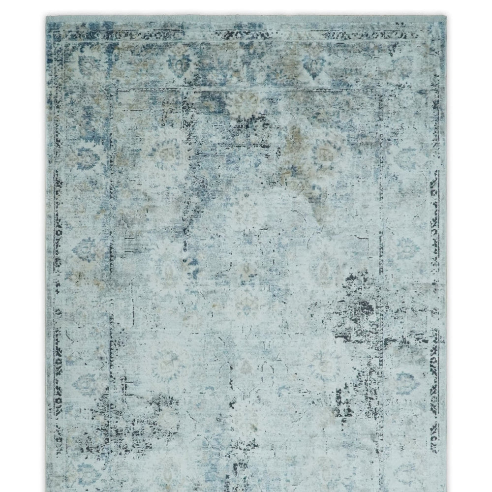 Ivory And Blue Vintage Design Modern Abstract Art Silk Area Rug