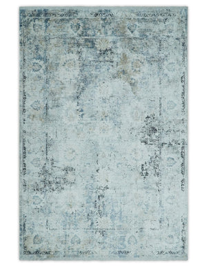 Ivory And Blue Vintage Design Modern Abstract Art Silk Area Rug