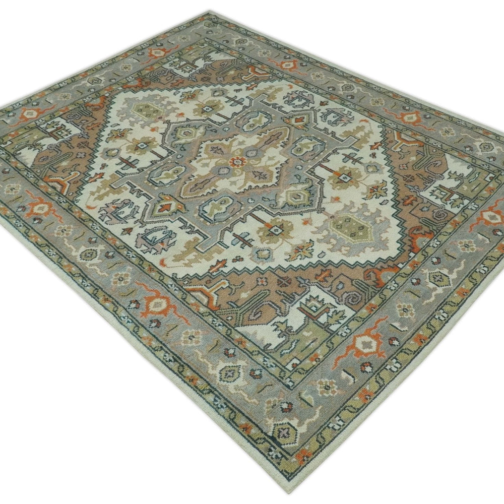 Ivory, Silver, Peach and Olive Traditional Heriz Hand Knotted Multi Size wool Area Rug