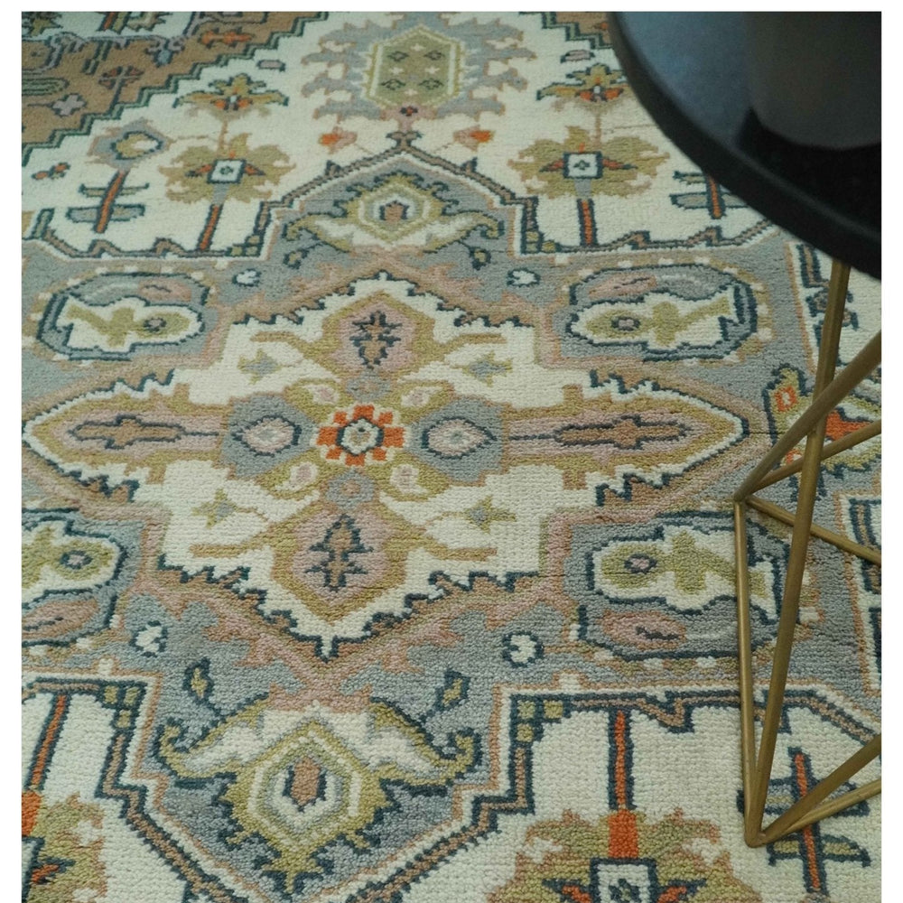 Ivory, Silver, Peach and Olive Traditional Heriz Hand Knotted Multi Size wool Area Rug