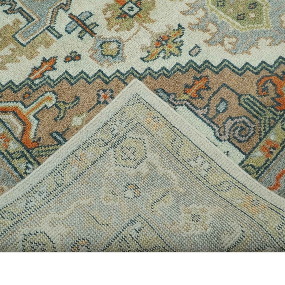 Ivory, Silver, Peach and Olive Traditional Heriz Hand Knotted Multi Size wool Area Rug