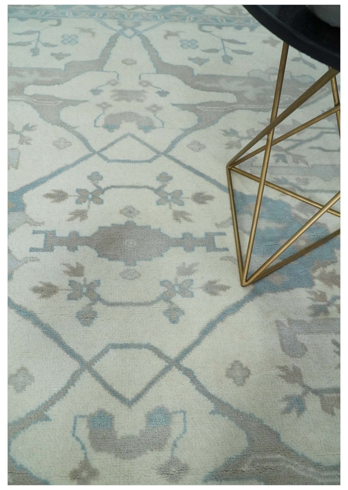 Ivory, Teal and Brown 8x10 Hand knotted Traditional oriental oushak wool area rug