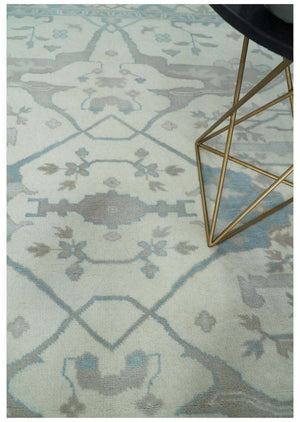 Ivory, Teal and Brown 8x10 Hand knotted Traditional oriental oushak wool area rug
