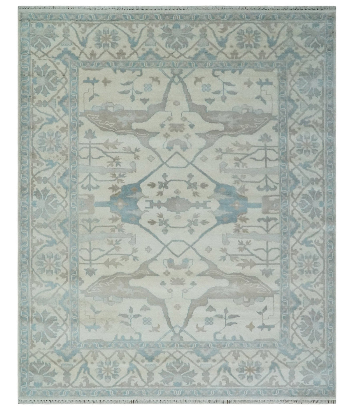 Ivory, Teal and Brown 8x10 Hand knotted Traditional oriental oushak wool area rug