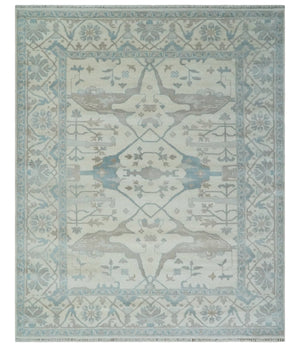 Ivory, Teal and Brown 8x10 Hand knotted Traditional oriental oushak wool area rug