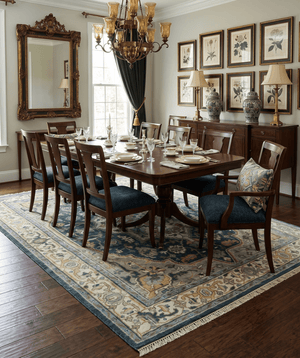 Ivory, Teal, and silver Hand Knotted Traditional Medallion Multi size wool Area Rug